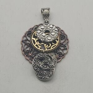 Large Mixed Metal Filigree Pendant Boho Artisan Scrollwork Layered Statement